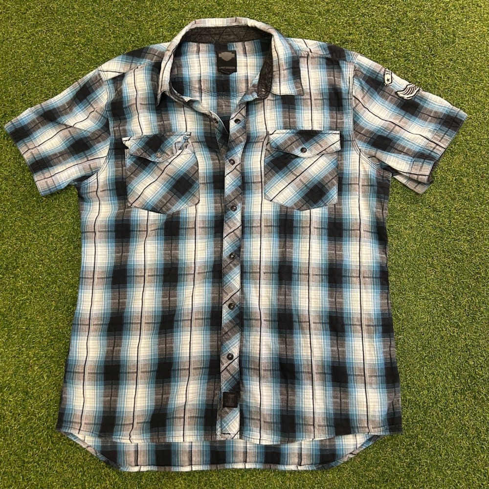 Harley-Davidson Mens Blue Black Plaid Short Sleeve Snap Button Shirt Medium